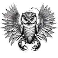 owl grabbing scorpion with its legs and opens it's wings tattoo design idea