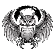 owl grabbing scorpion with its legs and opens it's wings tattoo design idea