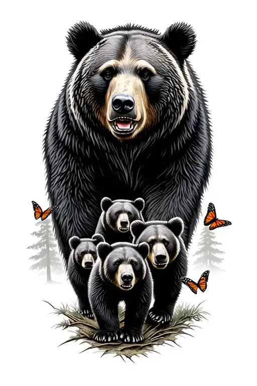 Papa bear and 3 black bear cubs and 2 monarch butterfly walking in the wilderness trees tattoo design idea