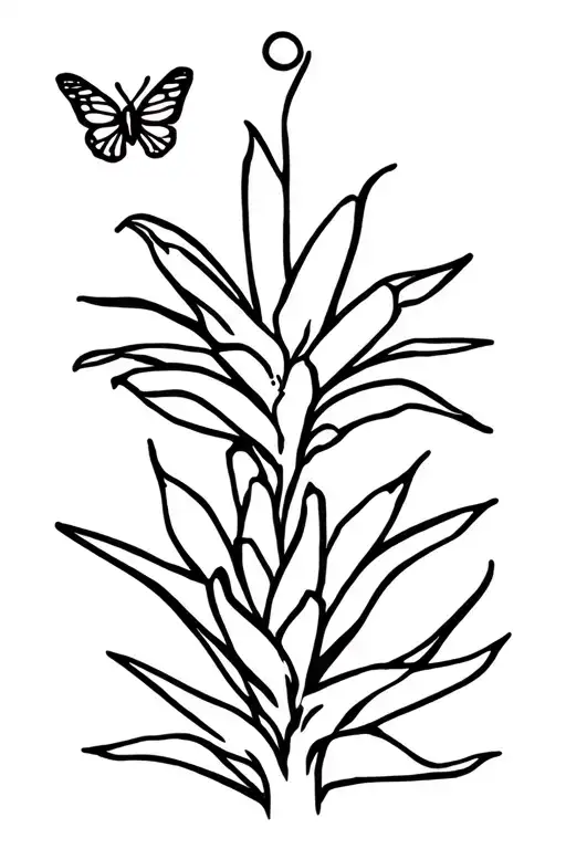small dainty fine line tattoo of a yucca outline with a small butterfly outline no detail on the wings above it tattoo design idea