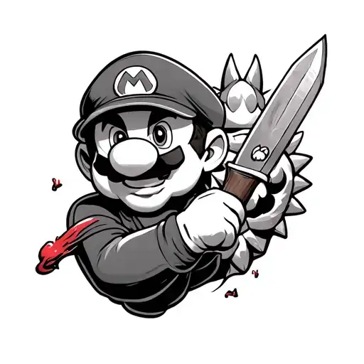Mario holding bloody knife and king koopas head tattoo design idea