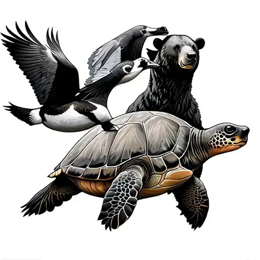  a sea turtle, a bear, and flying geese facing the same direction. in a simple flowing horizontal line tattoo design idea