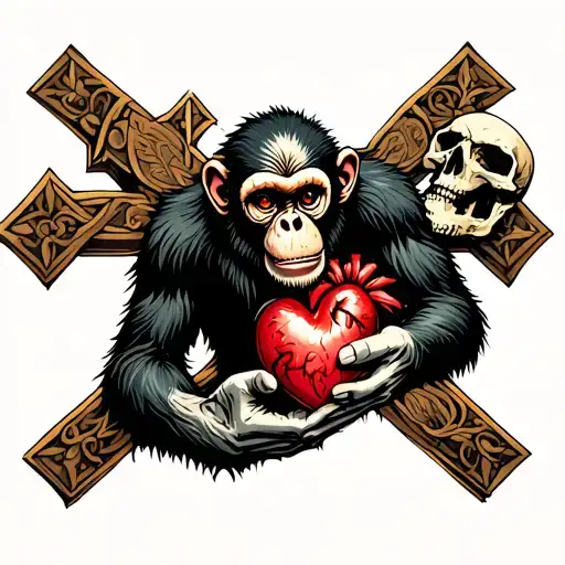 A brutal monkey holding a human heart in a hand and a skull in the other hand. Behind him a Gothic cross. Oldschool tattoo design idea