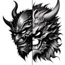oni and samuria mask split in half tattoo design idea