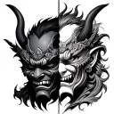 oni and samuria mask split in half tattoo design idea