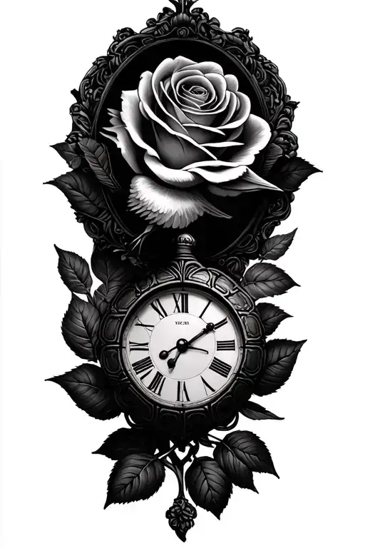 roses turtle dove and clock hands tattoo design idea