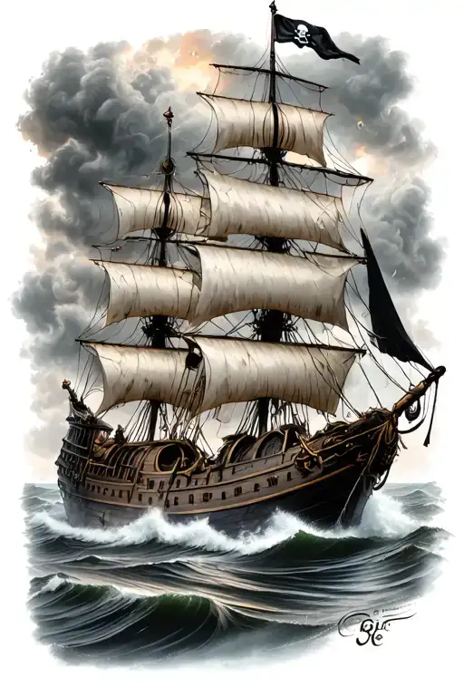 black Pearl pirate ship sailing through stormy tattoo design idea