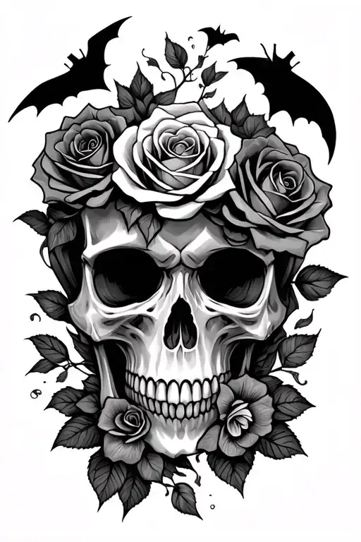 skull and roses and thunder and bats  tattoo design idea