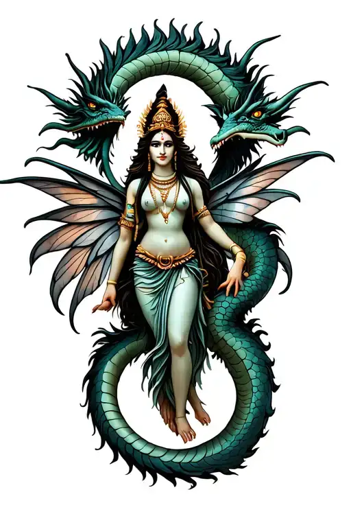 a dragon circles around a beautiful fairy with lord shiva tattoo design idea