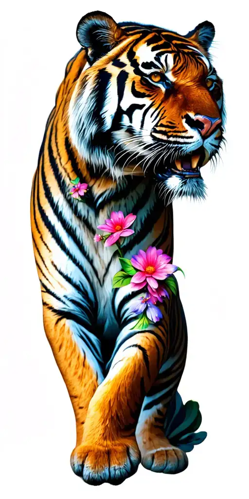 photorealistic full body tiger in full color with bright water color flowers  tattoo design idea