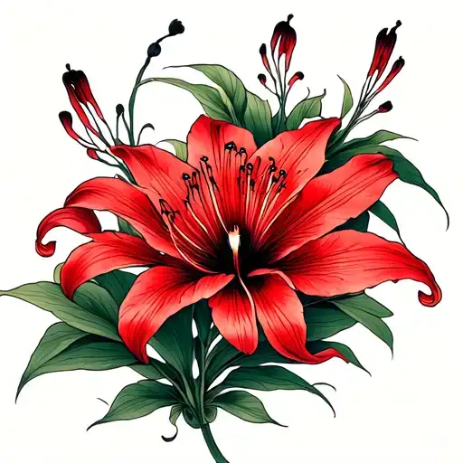A tattoo on the back of a long arm. red spider Lily, fine lines and eyes tattoo design idea