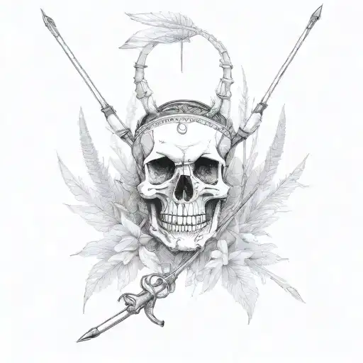 skull faced Native american hunting with bow and arrow in a field of weed farm, Malabar thrush flying above tattoo design idea