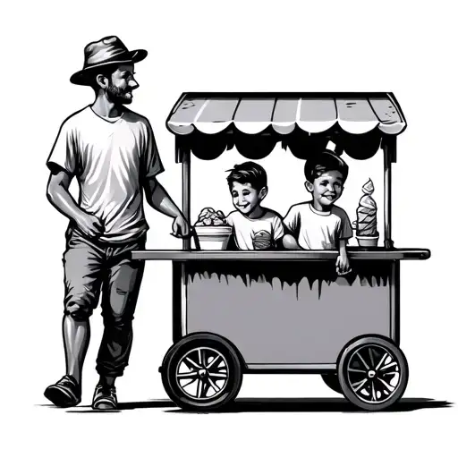 Father and son pushing a small ice cream cart with hand tattoo design idea