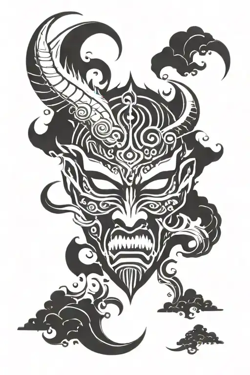 Mask of an evil demon They are in the center of the image, clouds on the top and waves below, more aggression and fear tattoo design idea