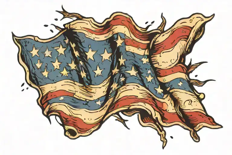 ripped waving American flag with bullet holes  tattoo design idea