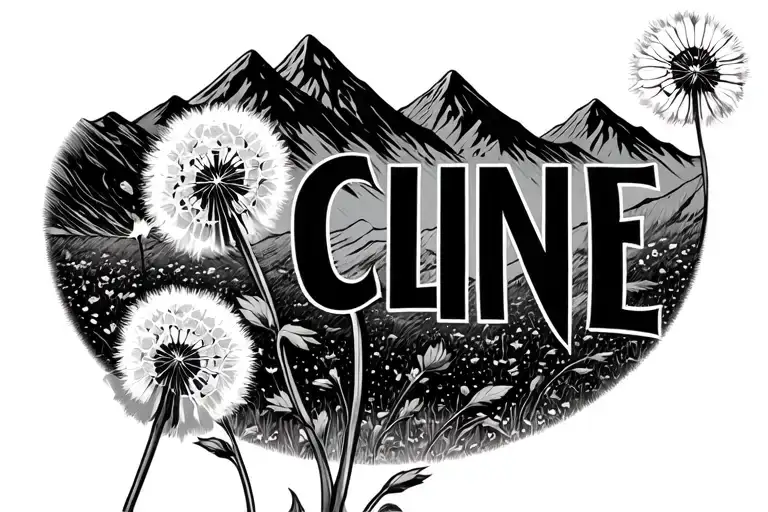 "CLINE" Dandelion blowing with mountains tattoo design idea
