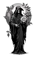 grim reaper and roses with a graveyard scene with tombstones tattoo design idea