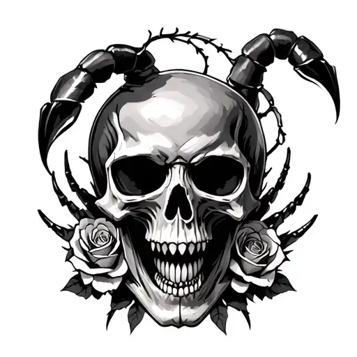 reaper Skull with fangs with a scorpion and roses tattoo design idea
