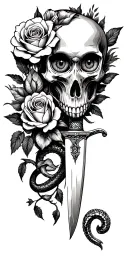 An evil eye on the top, a skull head with roses and tulips, a knife with a serpent around tattoo design idea