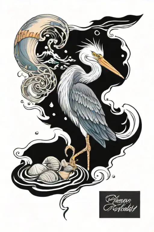 heron on a beach with sea shells and water waves tattoo design idea