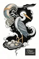 heron on a beach with sea shells and water waves tattoo design idea
