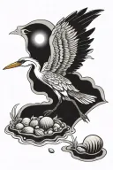 heron on a beach with sea shells and water waves tattoo design idea