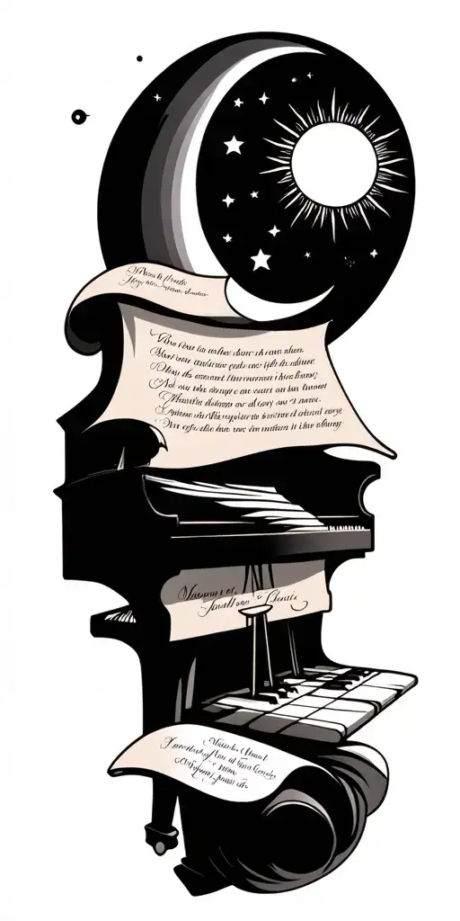 A minimalist that has a piano, a scripture, a small scroll with names, Jesus Christ, a sun and a moon. tattoo design idea