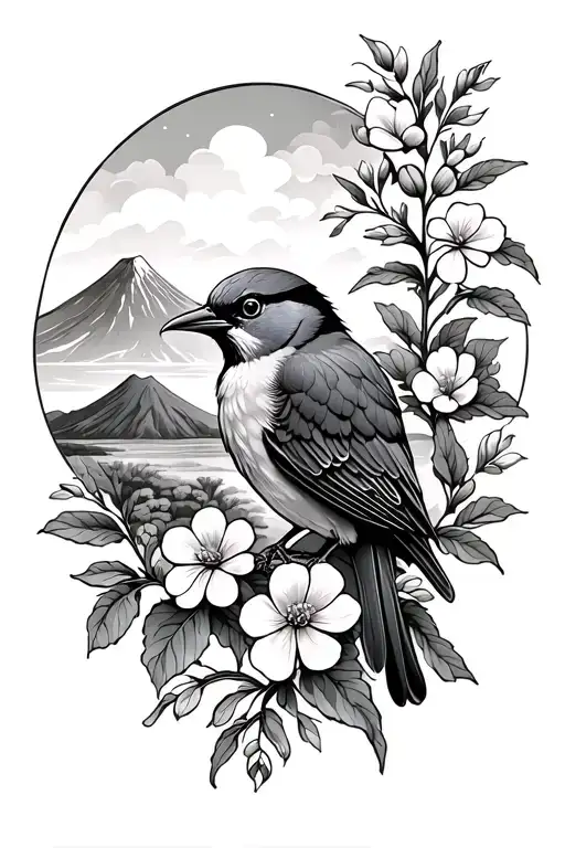Torogoz bird perched on maquilishuat branch with flowers overlooking Salvadoran landscape of a volcano and clouds. tattoo design idea