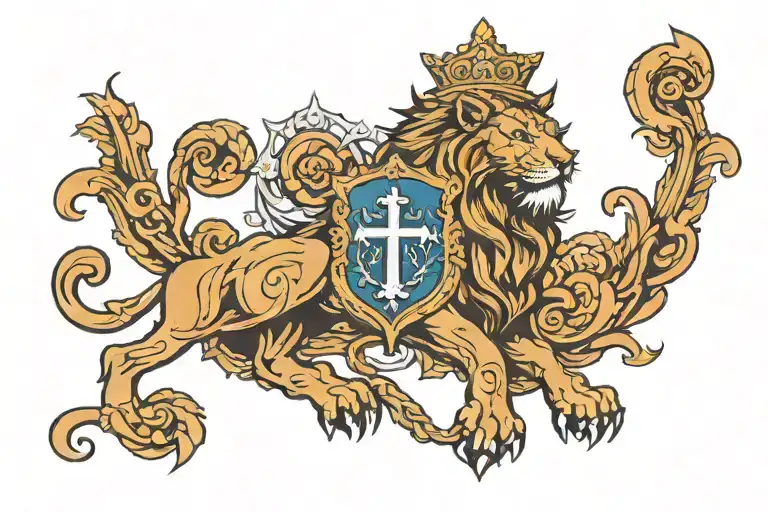 religious cross protection lion tattoo design idea