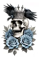skull wearing crown with raven on and blue roses intertwined eplace skull with something else tattoo design idea