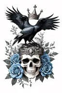 skull wearing crown with raven on and blue roses intertwined eplace skull with something else tattoo design idea