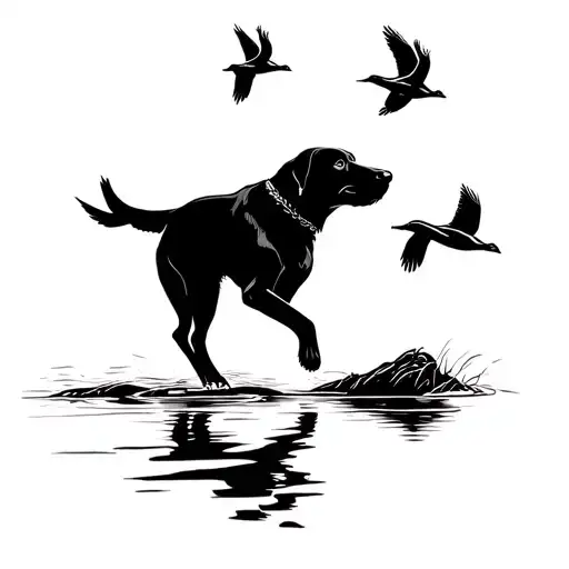 a black labrador retriever dog is chasing ducks flying tattoo design idea