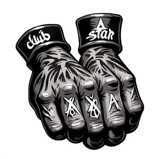 knuckle tattoos on a pair of hands that says “club star” with a sacred letter styling tattoo design idea