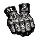 knuckle tattoos on a pair of hands that says “club star” with a sacred letter styling tattoo design idea
