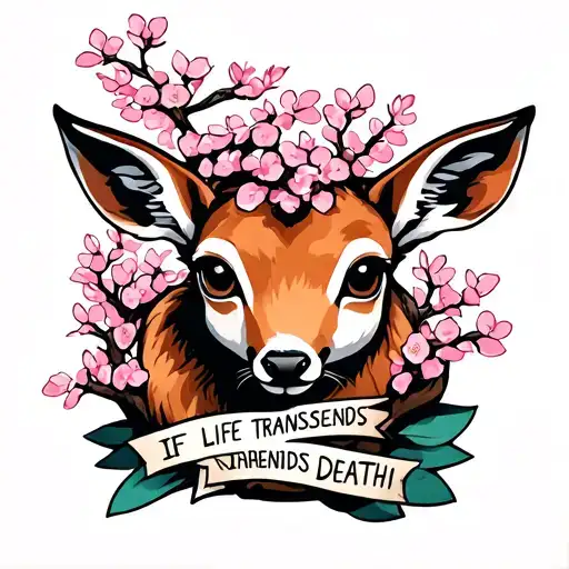 Fawn hiding behind a cherry blossom tree with his head poking out from one side. with text says If life transcends death tattoo design idea