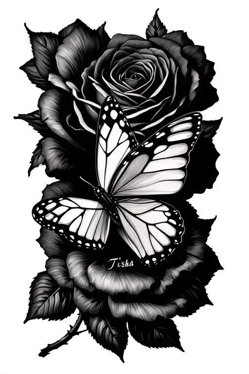 Forearm tattoo of a A realistic butterfly on a blooming rose. The name "Ti'Asha" is written as the butterfly's body.  tattoo design idea