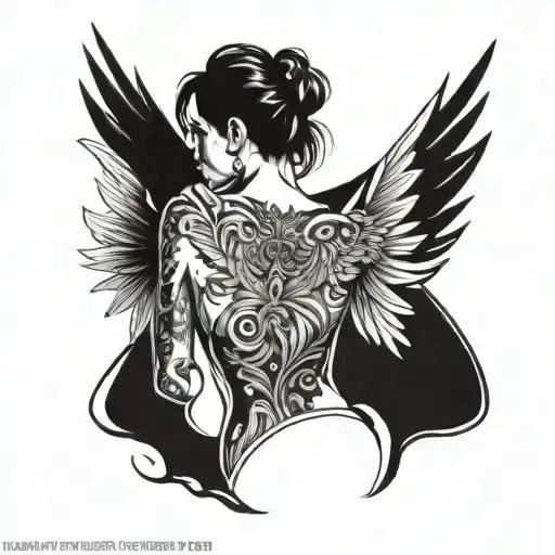 full chest gang tattoo design featuring a girl with wing viewed from the back om the middle tattoo design idea