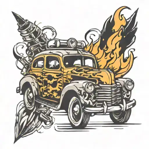 crash and burn car tattoo design idea