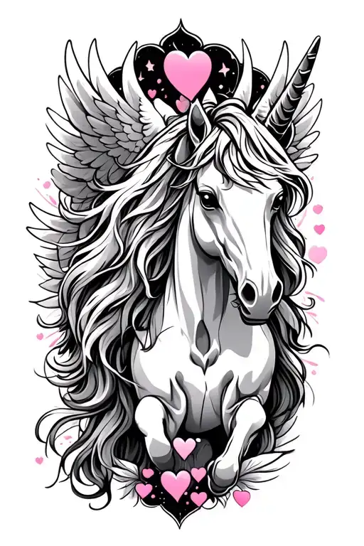 WINGED UNICORN AND HEARTS  tattoo design idea