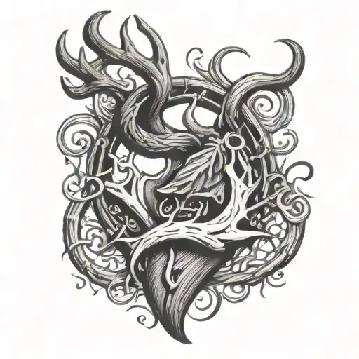 fish hook and deer antler heart tattoo design idea