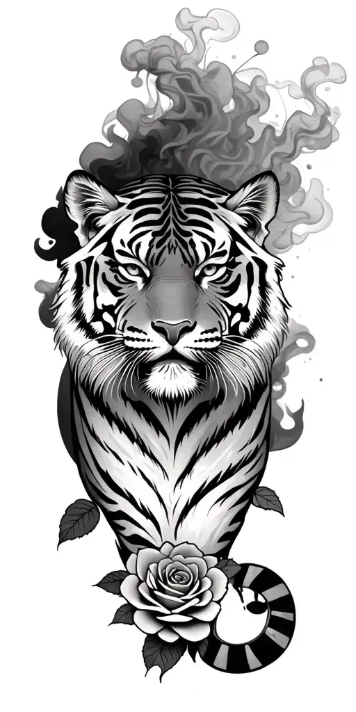 tiger, roses, smoke, supernatural, sleeve tattoo design idea