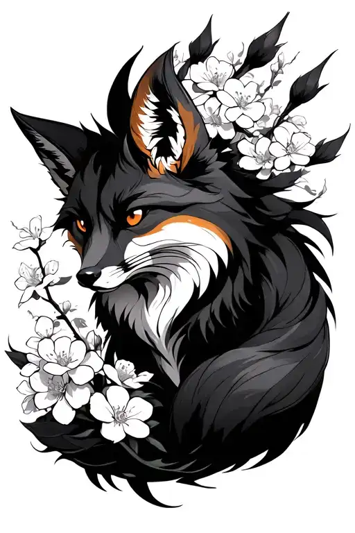 fox with nine tails and surrounded by sakura flowers tattoo design idea