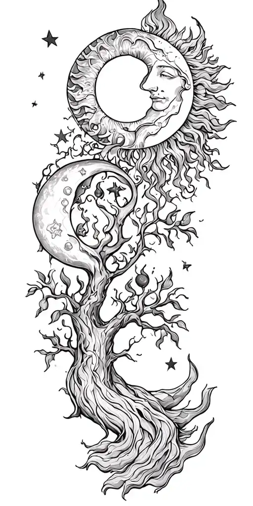 sun and moon,aquarius star, tree and fire tattoo design idea