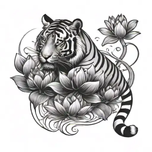 tiger swimming in water with lotus tattoo design idea