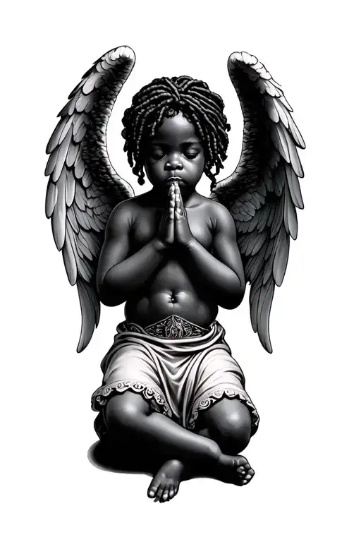 black baby angel locs praying with big wings tattoo design idea