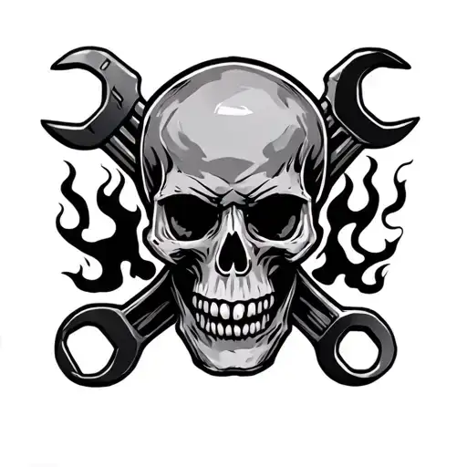 skull and wrenches with flames surrounding tattoo design idea