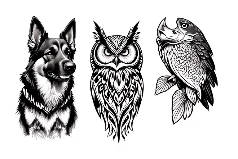 tribal, German shepherd, trout, eagle owl tattoo design idea