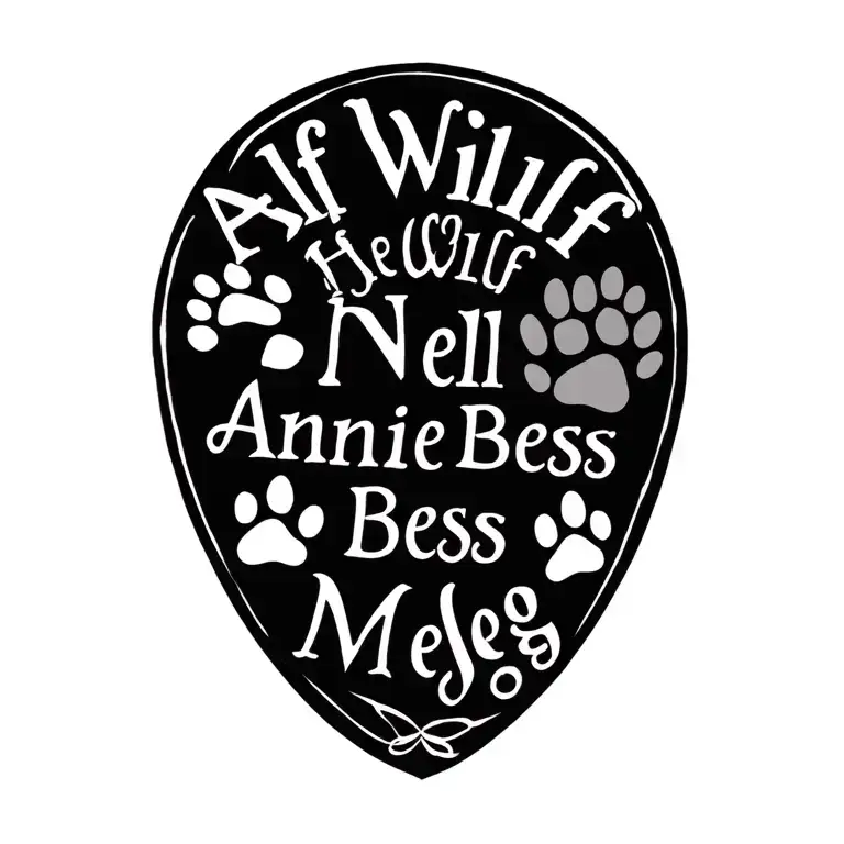 "Alf Wilf Nell Annie Bess Meg " 3 cat pawprints and 3 dog pawprints  tattoo design idea