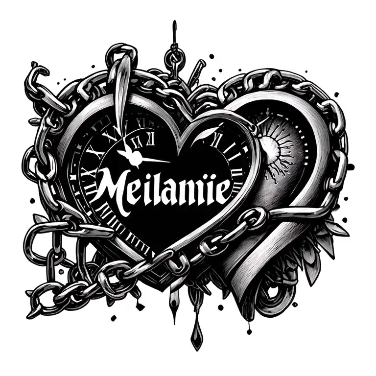 "Mélanie" clock heart chains tattoo design idea