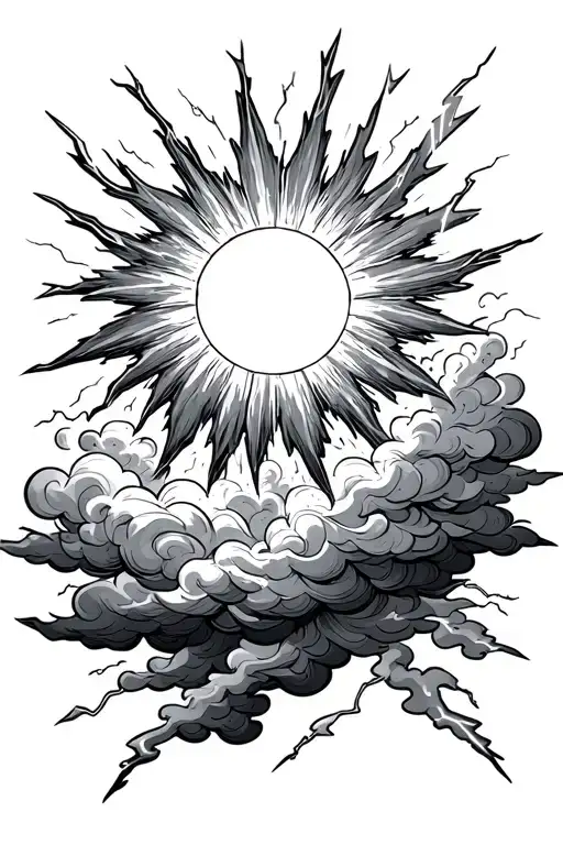 a sun shining through storm clouds with lightning bolts tattoo design idea
